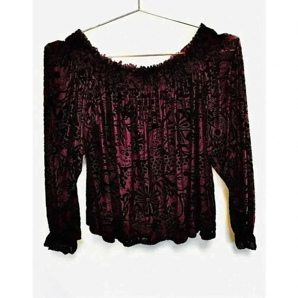 Free People Women’s Size Small Burnout Velvet Top Purple Off the Shoulder Blouse - Picture 1 of 10